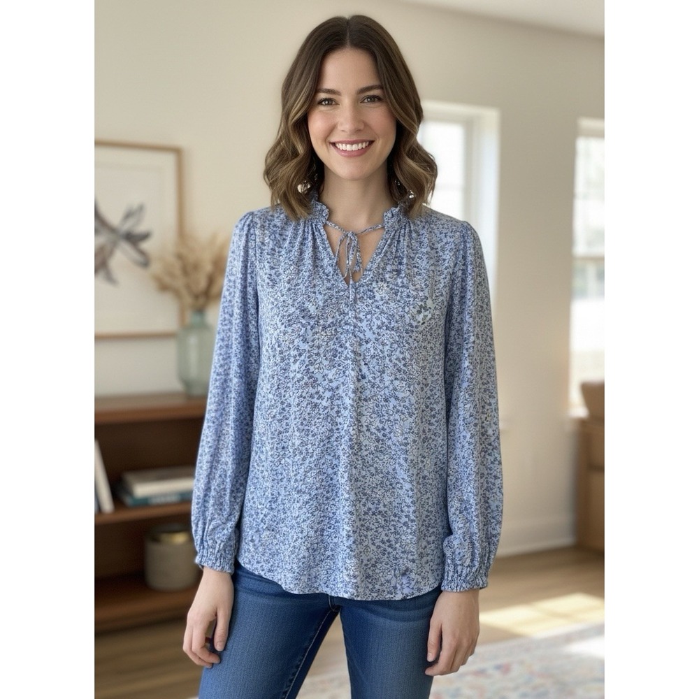 LOFT Blue Floral Tie-Neck Long-Sleeve Blouse